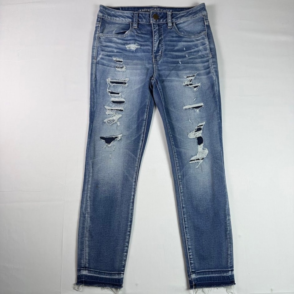 American Eagle Hi-Rise Jegging Crop Distressed Blue Jeans Womens 6 Long Stretch